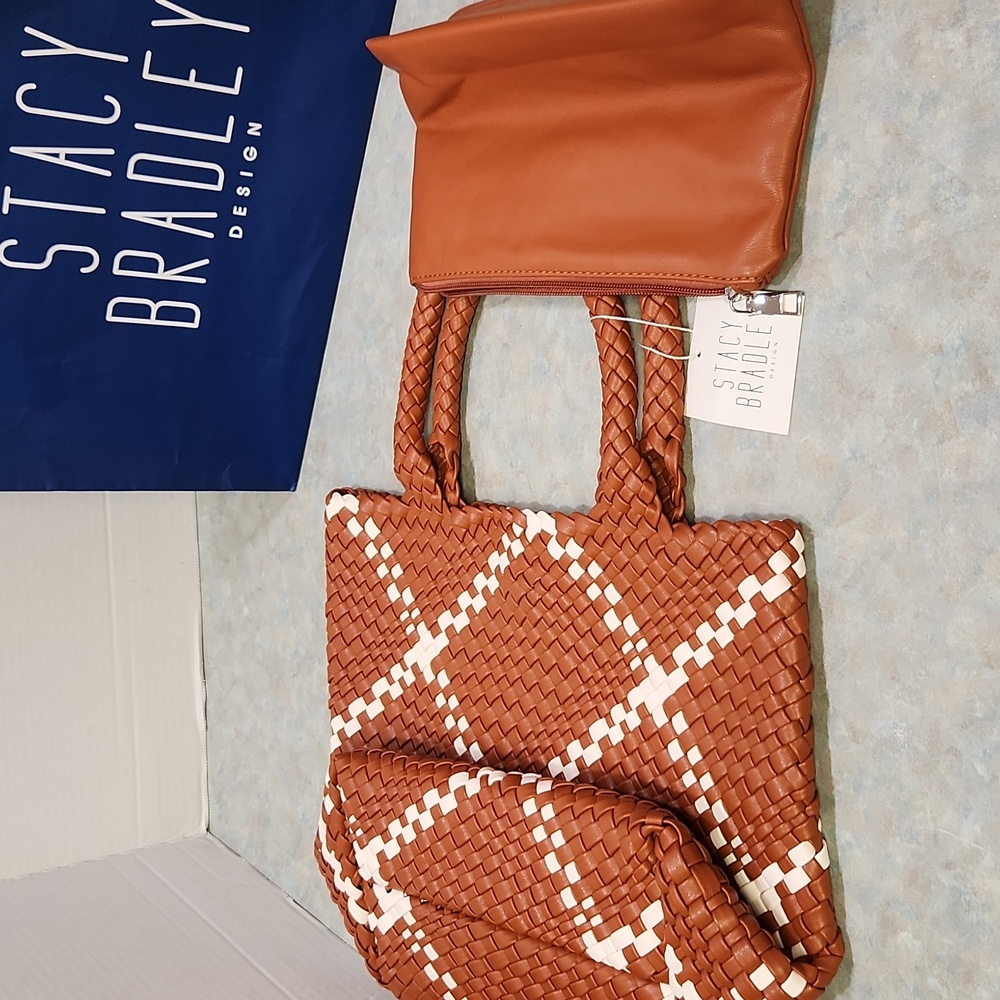 Stacy Bradley Brown & White Woven Tote Bag With Pouch - Picture 8 of 8